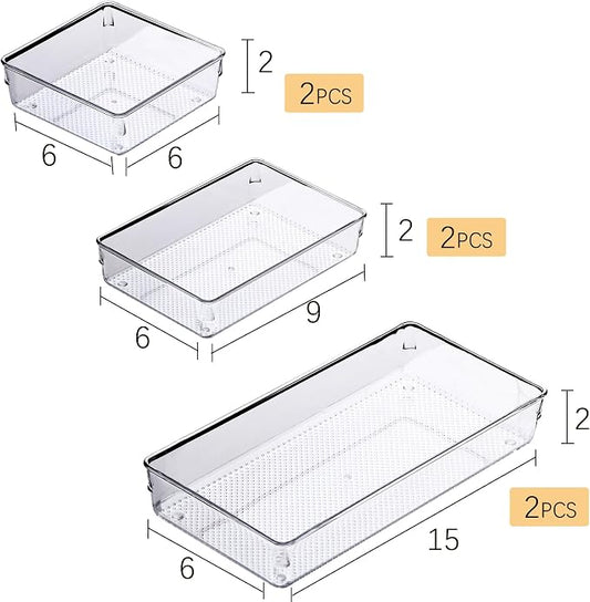 3 Pack Clear Plastic Drawer Organizer Tray Cutlery Utensil Makeups Drawer Silverware Organizers 12" X 6"โฆ (6P(6X6+6X9+6X15))