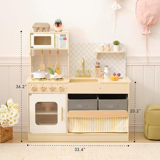 OOOK Wooden Pretend Play Kitchen Set with Storage System, Kids Play Kitchen with Plenty of Play Features, Toddler Kitchen Playset for Toddlers 3-5