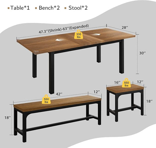 iPormis 5-Piece Dining Table Set for 4-8 People, Extendable Kitchen Table Set with 2 Benches and 2 Square Stools, Mid-Century Dining Room Table with Metal Frame & MDF Board, Saving Space, Walnut