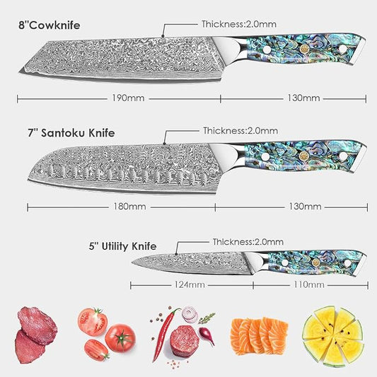 KEENZO 3PCS Kitchen Knife Set, Professional Kitchen Knives with 8"Chef, 8"Kiritsuke knife, 5"Utility Knife, Japanese Hand Forged 67 Layers Damascus Steel Cooking Knife, Ergonomic Abalone Shell Handle