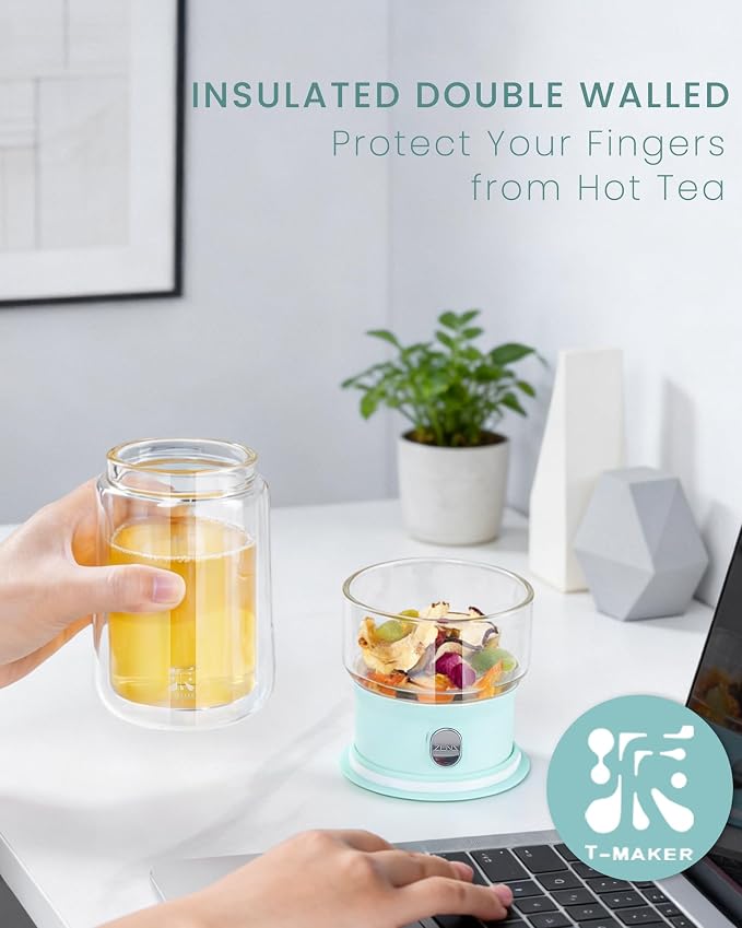 ZENS Modern Glass Tea Infuser Teapot, Smart One Touch Tea Maker for Loose Tea Diffusers with Insulated Mug and Cute Portable Tea Kits for Tea Lover Gifts
