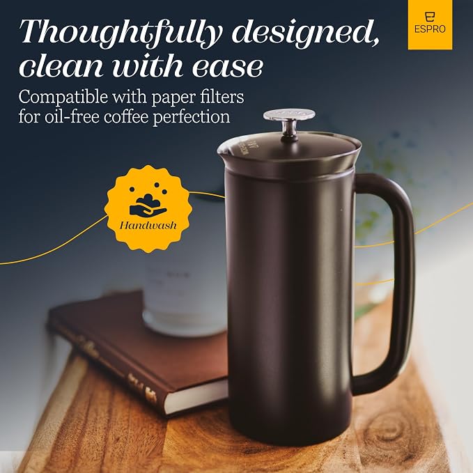 ESPRO Pro P7 French Press Stainless Steel 304 – Patented Double Walled Micro-Filter Insulated French Press Coffee Maker, Grit-Free Brew - Heat Resistant BPA Free Coffee Maker - Matte Black - 32oz