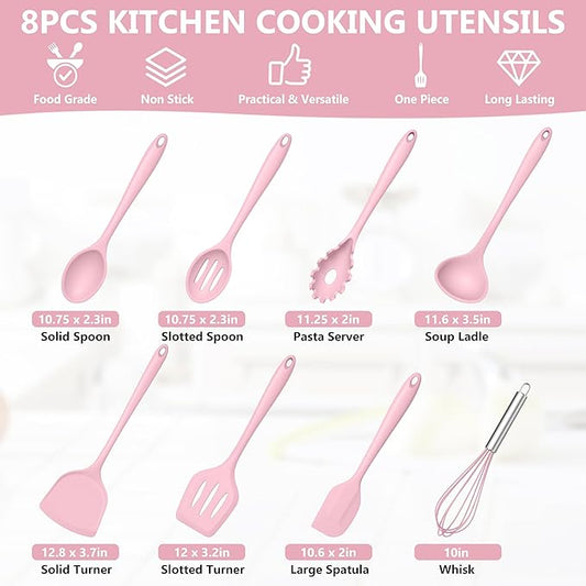 TeamFar Silicone Cooking Utensils Set, 8 PCS Kitchen Utensils Set, 446°F Heat Resistant, Turner, Spatula, Spoon, Whisk, Kitchen Cooking Gadgets Tools for Nonstick Cookware, Dishwasher Safe-Pink