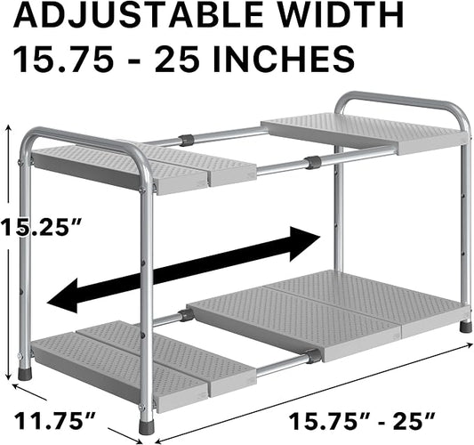 Simple Houseware Under Sink 2-Tier Heavy Duty Expandable Rack Organizer, Adjustable Width 15.75–25 Inches with 4 Shelf Height Levels, Silver