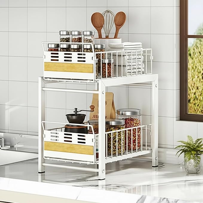 Under Sink Organizer, 2-Tier Pull Out Cabinet Organizer with Heavy-Duty Carbon Steel Slide-Out Basket Drawers, Stackable Multi-Purpose Storage Rack for Kitchen Pantry, Bathroom Vitamin Storage, White