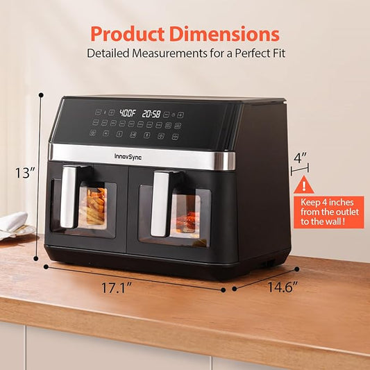 12QT Large Dual Air Fryer, 10-in-1 Double Zone Airfryer with 2ร6QT Baskets, 60ยฐ Easy-Panel with Full Touchscreen, SyncCook Function, Viewing Window, Nonstick & Dishwasher Safe, 2 Dishes at Once, Black