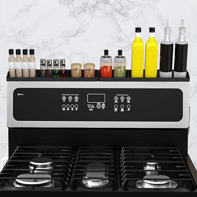 30 Inch Silicone Stove Top Shelf Magnetic for Kitchen, Strong Magnetic Heat Resistant Spice Rack Organizer for Over Stove Oven (Black-two part)