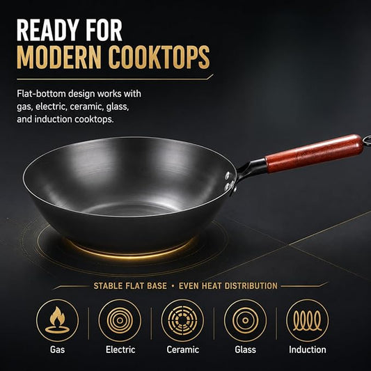 Calmabode 13” Large Flat Bottom Carbon Steel Wok with Glass Lid | Large deep wok, pre-seasoned nitrided carbon steel, amber glass lid, ideal for big family stir-fry, frying and hearty meals