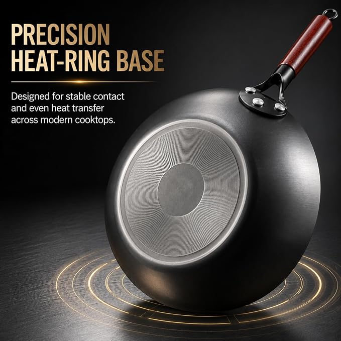 Calmabode 13” Large Flat Bottom Carbon Steel Wok with Glass Lid | Large deep wok, pre-seasoned nitrided carbon steel, amber glass lid, ideal for big family stir-fry, frying and hearty meals