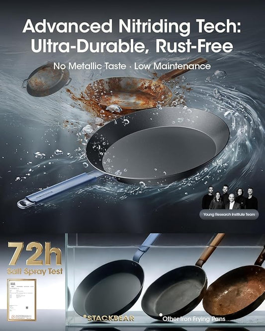 Carbon Steel Frying Pan 10 Inch, Nitrided Carbon Steel Skillet, Preseasoned Rust Resistant Cooking Pan, Induction & Oven Safe Professional Cookware