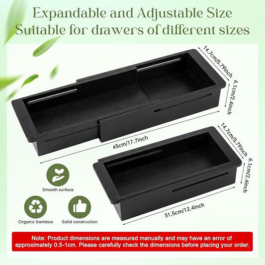 LemonRoad 1 Pcs Sliding Drawer Organizer Bin Bamboo Drawer Expandable Bins Utensil Organizer for Kitchen Spoons Forks Knives (Black)