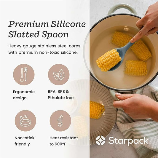 Starpack 'Let it Drain' Silicone Slotted Spoon (10.6 Inches) - Small Spoon with Slots for Cooking Heat Resistant to 600°F - Silicone Slotted Serving Spoons, Non Stick Cooking Spoons with Slots