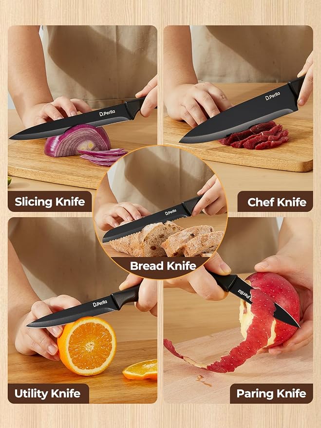 Knife Set, D.Perlla 8-Piece Kitchen Knife Set with Built-in Sharpener, Dishwasher Safe Non-stick & Non Rust, Black Coating Stainless Steel Knife Block Set, Sharp Chef Knives with Universal Knife Block