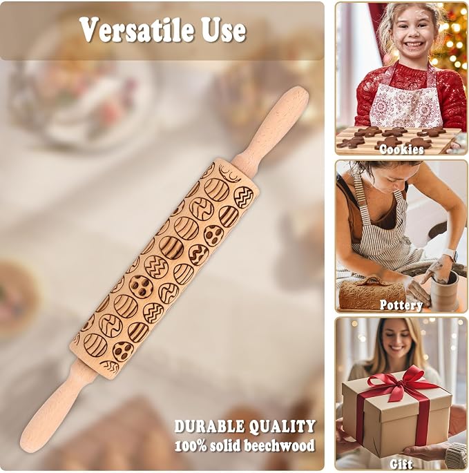 Easter Egg Embossed Rolling Pin for Cookies, Wooden Engraved Rolling Pin for Baking, Embossing Rolling Pin with Design Patterned Rolling Pin Decorative Springerle Cookie Mold Stamp Clay Pattern Roller