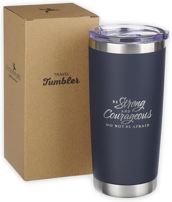 Christian Art Gifts Large Stainless Steel Scripture Tumbler Travel Mug for Men & Women: Strong & Courageous Inspirational Bible Verse, Double-wall Vacuum Insulated & Lid, Hot/Cold, Navy Blue, 18 oz.