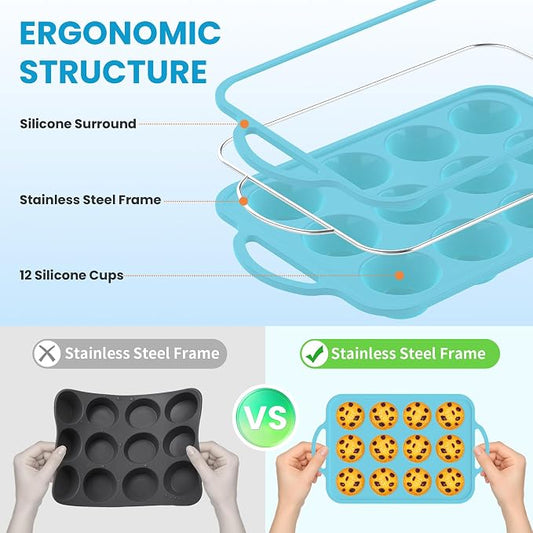 2Pack Silicone Muffin Pan for Baking with Metal Reinforced Frame, 12 Cup Regular Size Cupcake Pan, BPA Free Silicone Muffin Tray, Cupcake Baking Pan Molds for Oven Dishwasher Safe - Blue