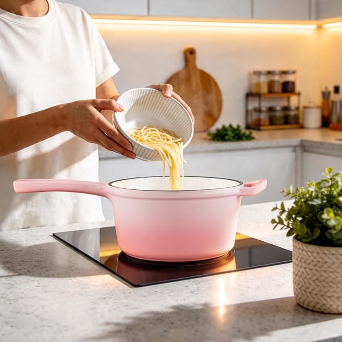 2 Quart Sauce Pan with Lid, Leonyo Small Cooking Pots, Enameled Cast Iron Cookware Set Simmer Pots for Kitchen Induction Boiling Soup, Bread, Ramen - Up to 500°F & Oven Safe, Pink