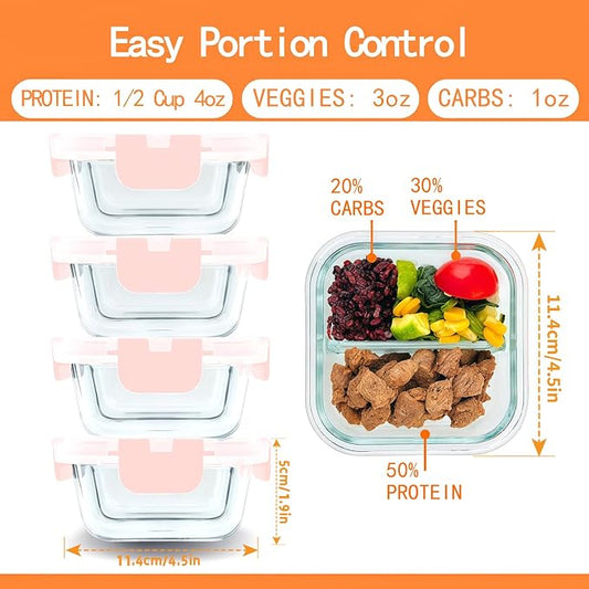 5 Pack Bariatric Meal Prep Containers, 8 oz Bariatric Bowls for Portion Control, Reusable Glass Snack Food Containers with Lids & Folding Spoon & Fork & Knife, Bariatric Must Haves (Pink)