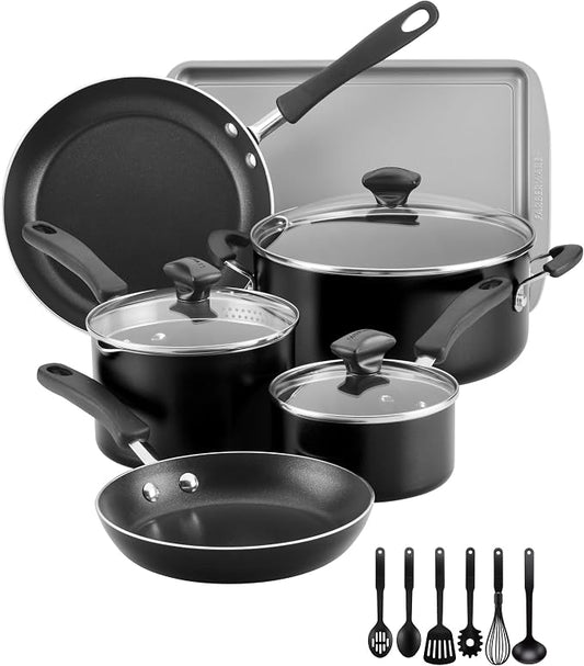 Farberware Cookstart Aluminum DiamondMax Nonstick Cookware Set, Kitchen Essentials, 15-Piece, Black