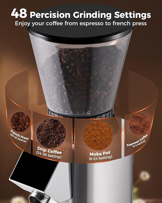 Tuni G1 Silver Conical Burr Coffee Grinder with Black Digital Coffee Scale, 48 Grind Settings Anti-static Coffee Bean Espresso Grinder for Espresso/Drip/Cold Brew/French Press