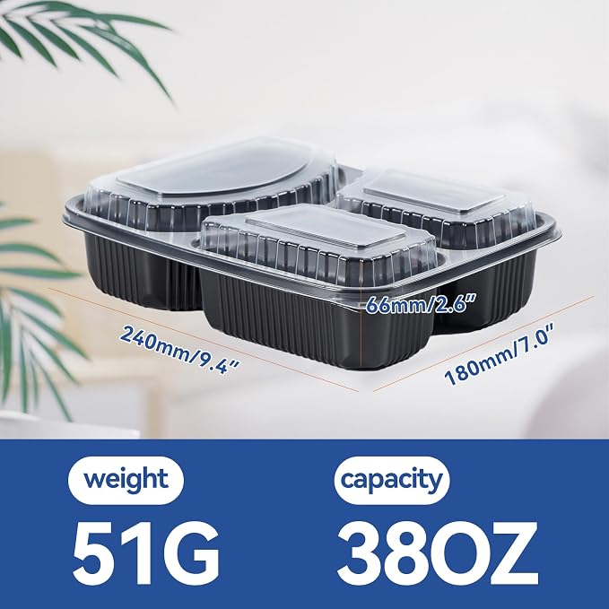 3-Compartment To Go Containers - Shrink-Wrapped No Pre-Wash 38oz | 40 Pack Ready to Use Leak-Resistant | BPA Free Shatterproof Flexible PP | Microwave Safe, Bulk Catering & Leftover Storage