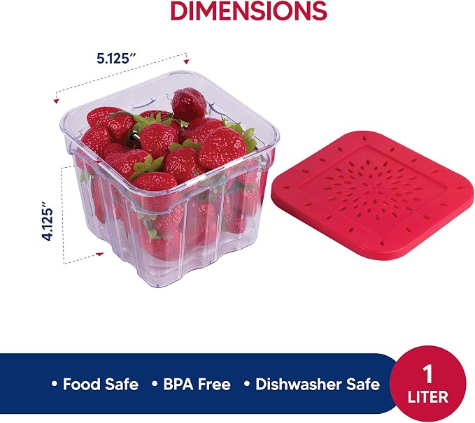 HIC Kitchen BerryFresh 1-Liter Produce Box, Red, Set of 2
