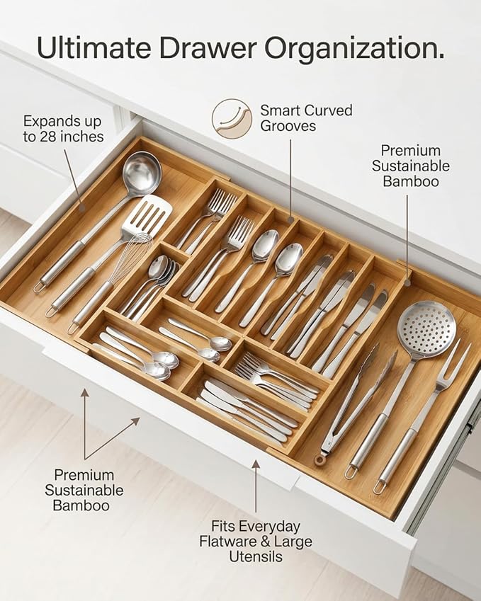 Expandable Bamboo Silverware Drawer Organizer – Adjustable 33" Wide Wooden Utensil Tray with 11-Compartments, Large Kitchen Flatware & Spoon Holder, Natural Solid Wood for Drawers