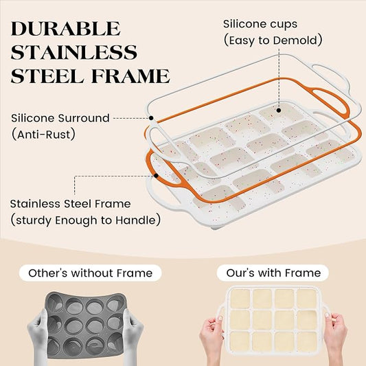 1 Pc Brownie Pan with Dividers Silicone Nonstick Mini Individual 12 Cup Square Muffin Cupcake Pans with Metal Frame(Cream)
