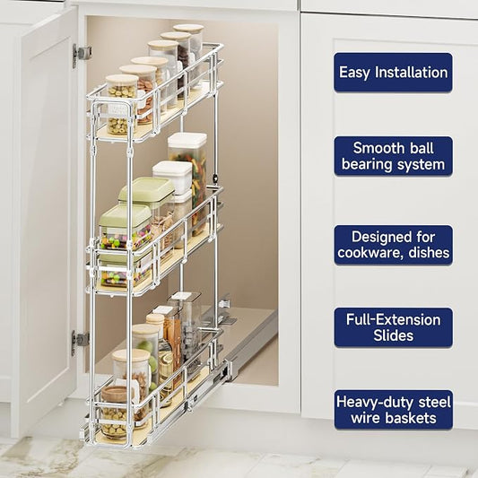 5" W x 20.5" D 3-Tier Pull Out Spice Rack Organizer, Solid Wood Base Slide Out Cabinet Shelf for Narrow Kitchen Cabinets, Chrome Pantry Storage
