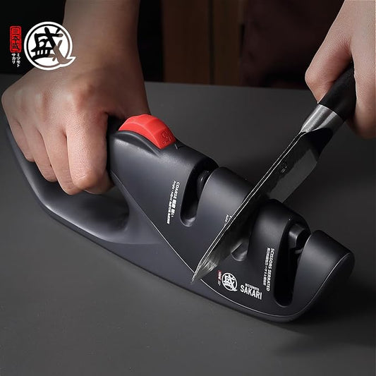 MITSUMOTO SAKARI 3-Stage Adjustable Kitchen Knife Sharpener, Scissors Slot | 12°-22° angle guide, coarse and fine slots, scissors slot, ceramic and carbide abrasives for knives and shears