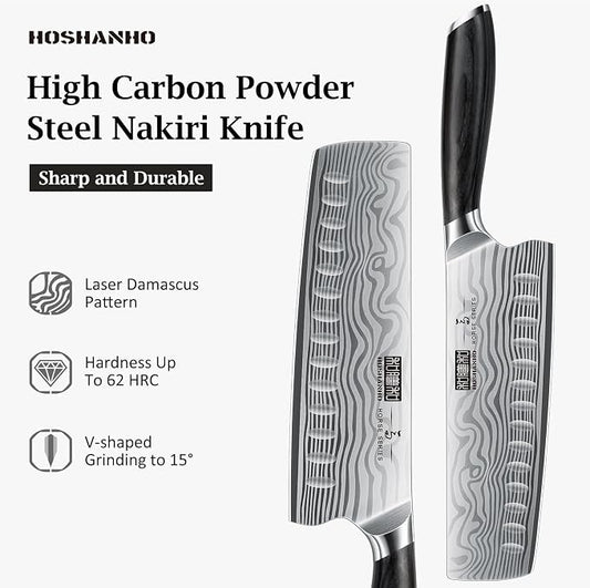 HOSHANHO 7 Inch Nakiri Knife, Japanese High Carbon Powder Steel Vegetable Cleaver Knife for Chopping, Razor Sharp Multipurpose Asian Chef Knife with Ergonomic Handle