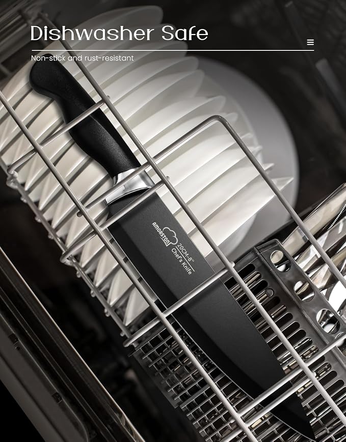Amorston Knife Set, 15 Piece Kitchen Knife Set with Block and Built in Sharpener, German Stainless Steel Dishwasher Safe Knife Block Set, Black Kitchen Knives Set for Home Cooking Fathers Day Gift