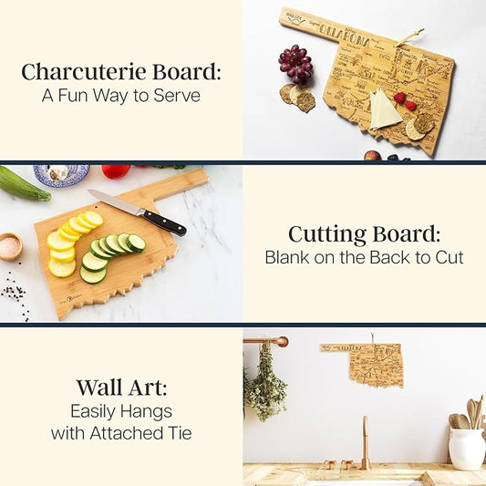 Totally Bamboo Destination Oklahoma Shaped Cutting Board – Bamboo Charcuterie and Serving Board with Hang Tie for Wall Display