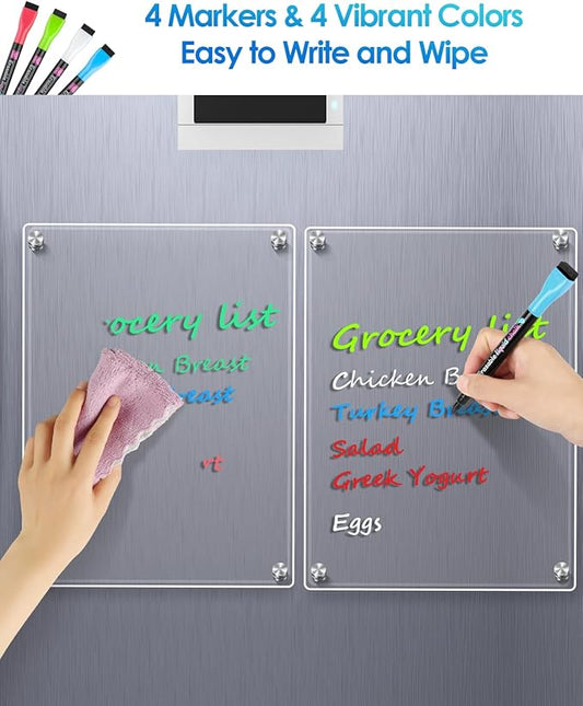 MaxGear 11"x14" Acrylic Magnetic Whiteboard for Fridge, Small Clear Refrigerator Dry Erase Board with 4 Markers and 1 Cloth, Smooth Writing and Easy Cleaning Blank Memo Grocery List for Home Planner