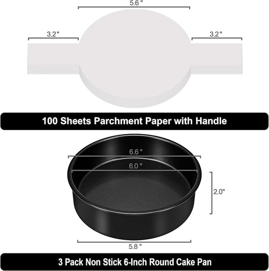 AWTBDP 6 Inch Cake Pans Set of 3, Smash Cake Pans with 100PCS Parchment Paper for Layer Cakes, No-Stick Round Cake Pan Sets for Baking, Durable Baking Pan Set for Christmas Birthday, Dishwasher Safe