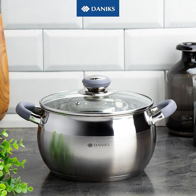 Daniks Modern 2 Quart Stainless Steel Stock Pot with Glass Lid, Tri-Ply Bottom for Even Heating, Induction Compatible, Dishwasher Safe, Heatproof Handles