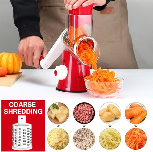 Cambom Rotary Cheese Grater Hand Crank Cheese Shredder for Fresh Cheese, Vegetable, Nuts,Non-slip Suction Base,Three Blades,Red