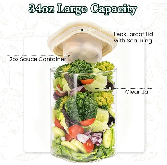LIBWYS Glass Salad Jars with Lids Meal Prep, 34oz Larger Square Containers for Home Storage & Lunch, Built-In Leakproof Compartments, Wet/Dry Separation for Salad Dressing & Ingredients