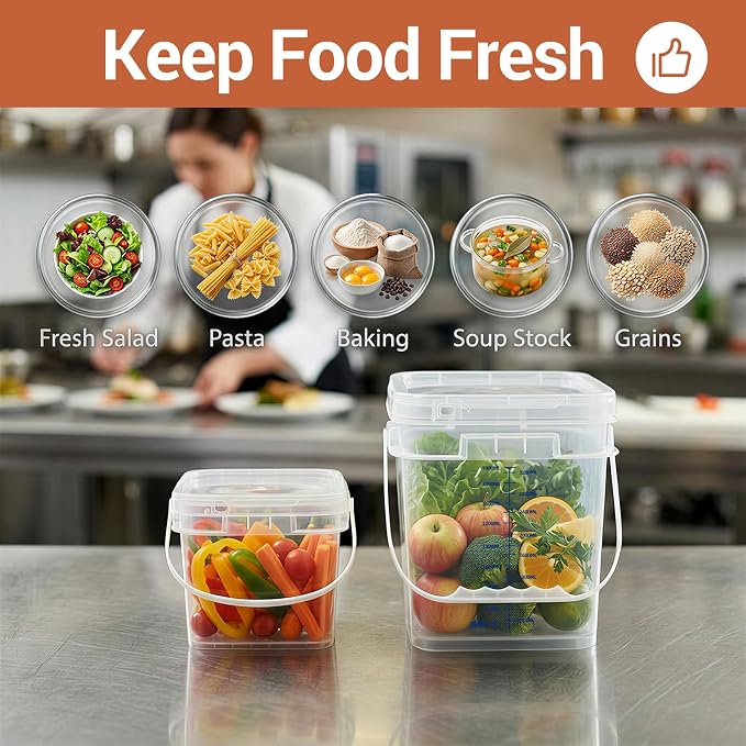METAPACK 4 Pack 0.5 Gallon Food Grade Square Bucket with Easy-Open Lids, Food Storage Container & Handle, BPA-Free Plastic Clear Pantry Storage for Cereal, Rice, Flour, Kitchen Organization