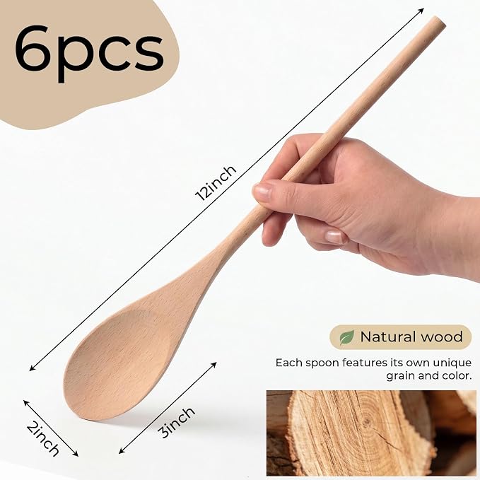 HANSGO 6PCS Wooden Spoons, 12 Inch Wooden Mixing Spoons Long Handle, Large Wood Kitchen Utensils for Cooking Stirring Baking Tasting, DIY Available