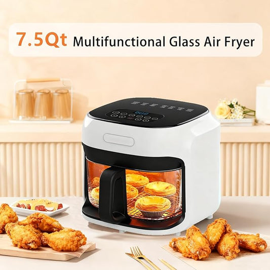 7.3QT Glass Air Fryer with See-Through Bowl, 360ยฐ Hot Air Circulation, 5 Presets, 1200W Fast Heating, Dishwasher Safe (White)