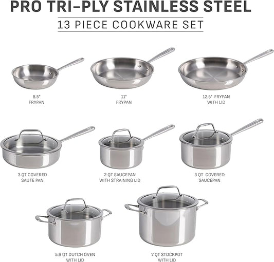 T-fal Pro Tri-Ply Stainless Steel Cookware Set 13 Piece Induction Compatible, Oven Safe 500F, Lids 350F, Fast & Even Heat, Pots and Pans Set, Professional Quality, Kitchen Essentials, Silver