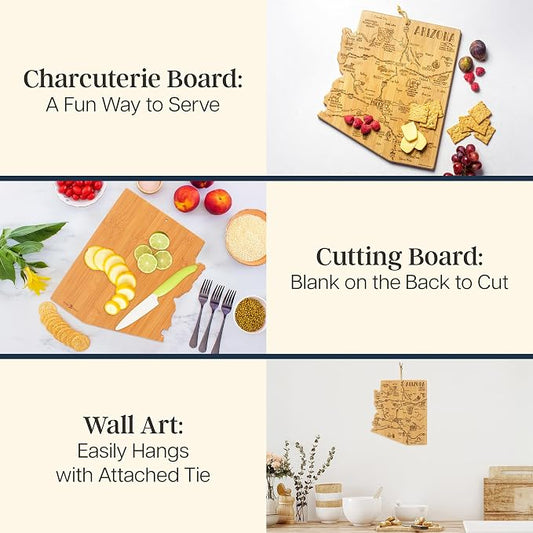 Totally Bamboo Destination Arizona Shaped Cutting Board – Bamboo Charcuterie and Serving Board with Hang Tie for Wall Display