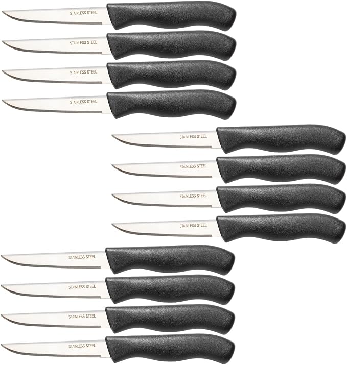 Paring and Garnishing Knife, 12-Piece Set, Knives with Straight Edge 3 Inch Blade, Stainless Steel, Spear Point, Fruit and Vegetable Cutting and Peeling, Black