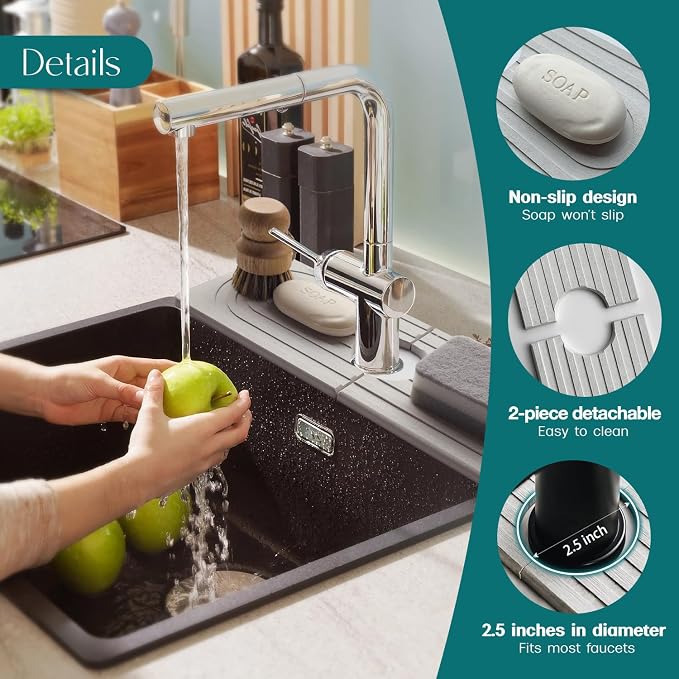 eormoe Faucet Mat for Kitchen Sink - Wider Diatomite Fast Drying Stone Sink Tray, Super Absorbent, Prevents Moisture Buildup - Faucet Splash Guard for Bathroom Counter (Light Grey, 15x5.3inch)