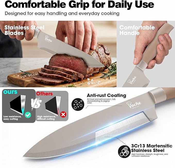 Knife Set, Kitchen Knife Set with Block, 7 Pcs Compact Knife Set, Knife Block Set Space Saving Stainless Steel Kitchen Knives with Scissors for Small Kitchens, Apartment & Everyday Cooking