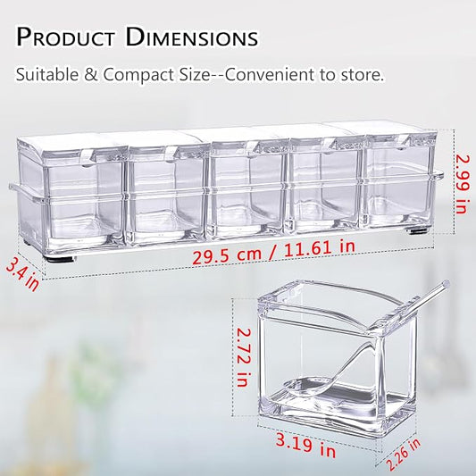 V·RESOURCING Clear Seasoning Box, 5 Pieces Clear Seasoning Storage Container for Spice Salt Sugar Cruet,Condiment Jars with Spoons