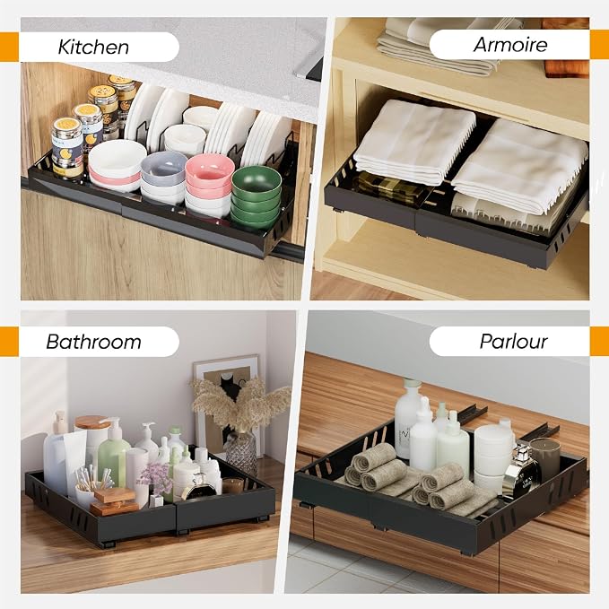 2 Pack Expandable Pull Out Cabinet Organizer Adhesive, 21" Deep Slide Out Drawers for Kitchen Cabinets,With 8pcs Divider Racks For Kitchen Pantry Organization Adjustable Width 12.6"-20.9"
