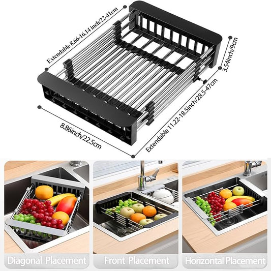 Dish Drying Rack, Adjustable Stainless Steel Drainer Basket Drain Tray for Dishes, Vegetables, and Fruit, On or in Sink Kitchen Basket Dish Drying Rack (Black)