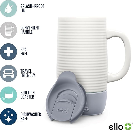 Ello Jane 18oz Ceramic Travel Mug with Handle, Splash-Resistant Slider Lid and Built-in Coaster, Perfect for Coffee and Tea, BPA Free, Dishwasher Safe, Holiday Gift Her Him, Gray (Pack of 12)